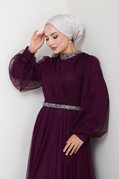 Yaka ve Bel Taş Detaylı Büyük Beden Tesettür Abiye Esna - Mürdüm